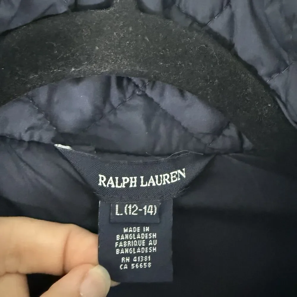Ralph Lauren Jacket Girls Large 12-14 Black Snap Front Light Puffer Pockets